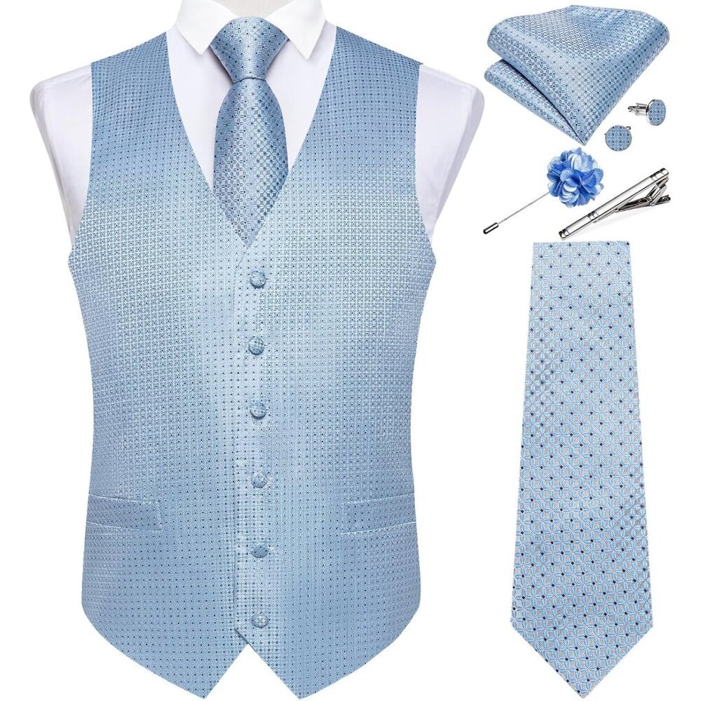 Mens Vest and Tie Set - Baby Blue Plaid